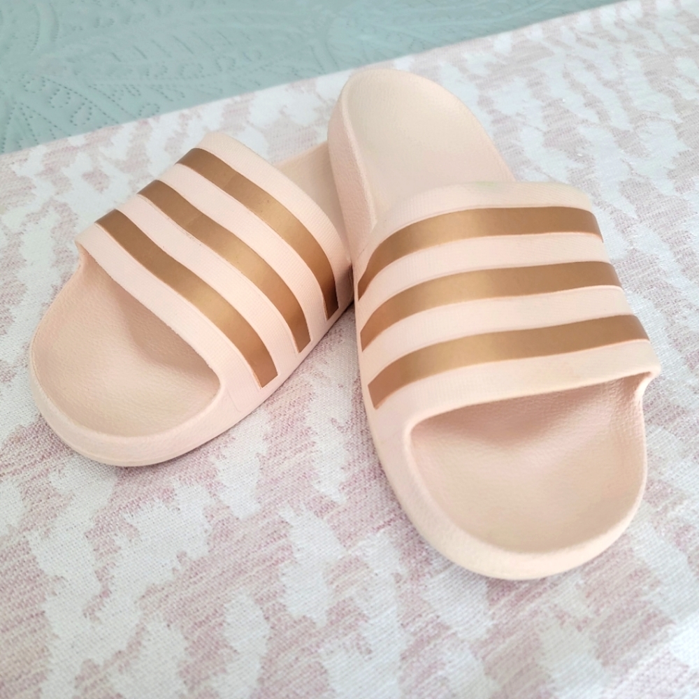 Pink/Gold Adidas Slides, Women's size 7